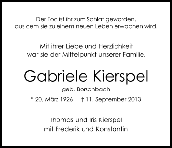 Anzeige von Gabriele Kierspel von Kölner Stadt-Anzeiger / Kölnische Rundschau / Express