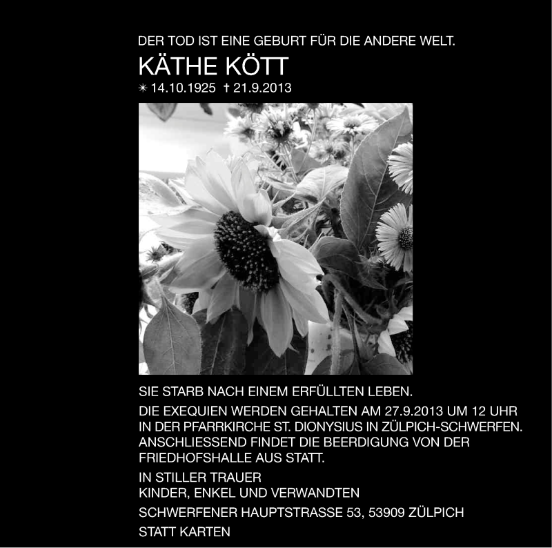  Traueranzeige für Käthe Kött vom 25.09.2013 aus Kölner Stadt-Anzeiger / Kölnische Rundschau / Express