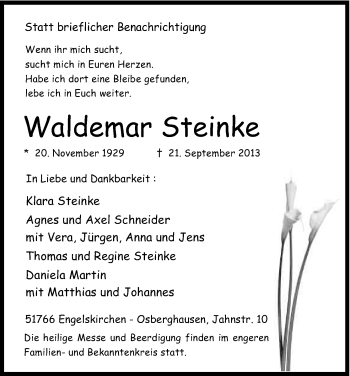 Anzeige von Waldemar Steinke von Kölner Stadt-Anzeiger / Kölnische Rundschau / Express