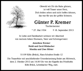 Anzeige von Günter Kremer von Kölner Stadt-Anzeiger / Kölnische Rundschau / Express