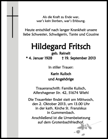 Anzeige von Hildegard Fritsch von Kölner Stadt-Anzeiger / Kölnische Rundschau / Express