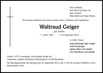Anzeige von Waltraud Geiger von Kölner Stadt-Anzeiger / Kölnische Rundschau / Express