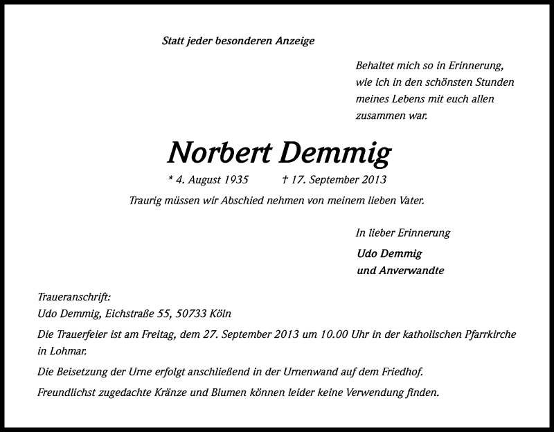 Traueranzeige für Norbert Demmig vom 25.09.2013 aus Kölner Stadt-Anzeiger / Kölnische Rundschau / Express