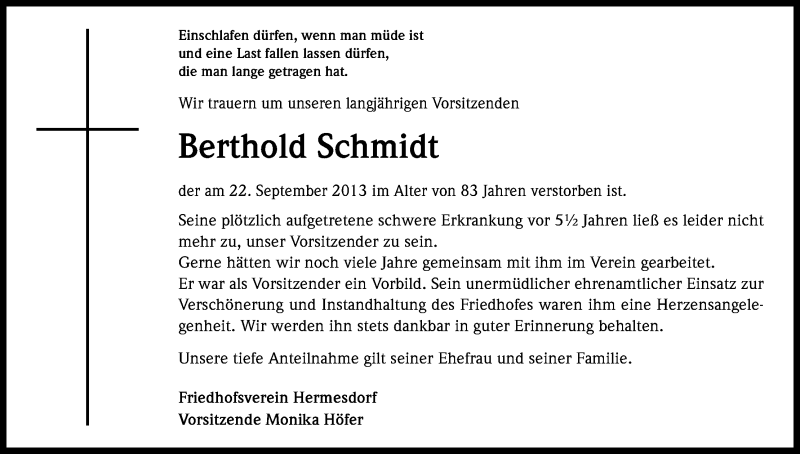 Traueranzeige für Berthold Schmidt vom 26.09.2013 aus Kölner Stadt-Anzeiger / Kölnische Rundschau / Express