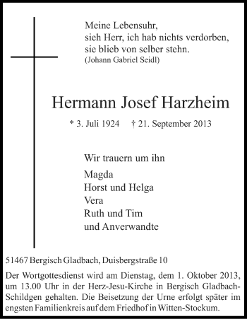 Anzeige von Hermann Josef Harzheim von Kölner Stadt-Anzeiger / Kölnische Rundschau / Express