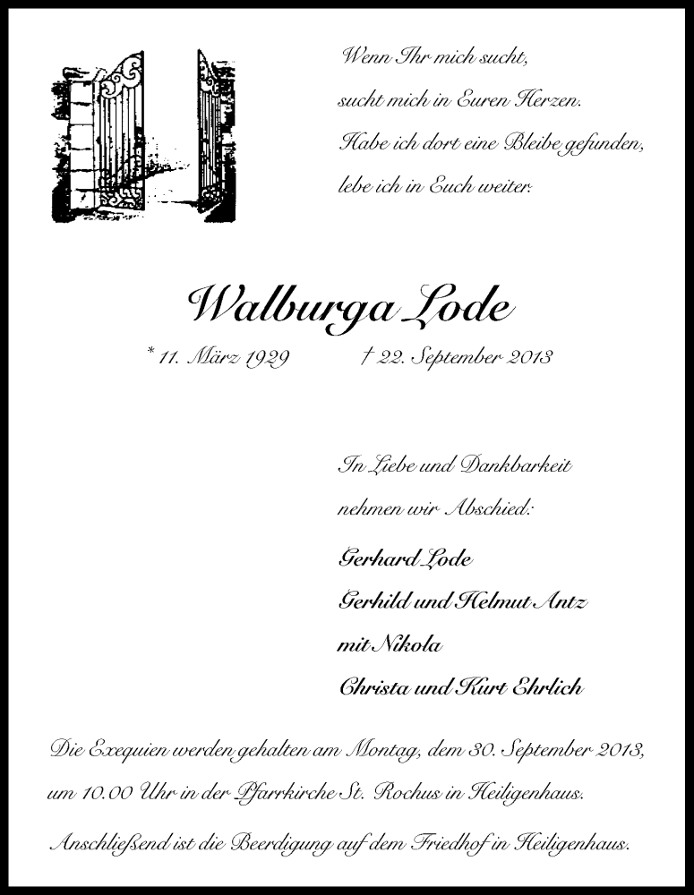  Traueranzeige für Walburga Lode vom 25.09.2013 aus Kölner Stadt-Anzeiger / Kölnische Rundschau / Express