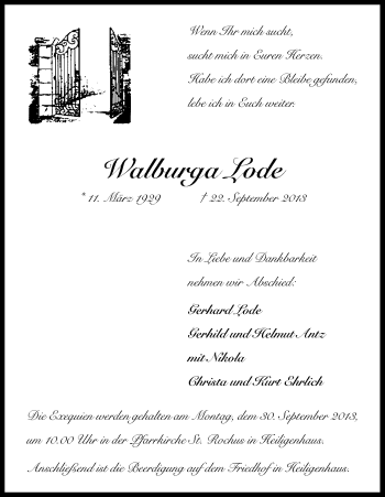 Anzeige von Walburga Lode von Kölner Stadt-Anzeiger / Kölnische Rundschau / Express