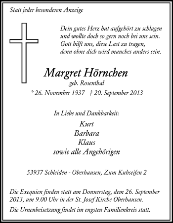 Anzeige von Margret Hörnchen von Kölner Stadt-Anzeiger / Kölnische Rundschau / Express