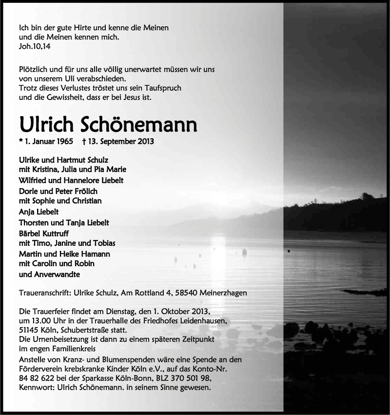  Traueranzeige für Ulrich Schönemann vom 25.09.2013 aus Kölner Stadt-Anzeiger / Kölnische Rundschau / Express