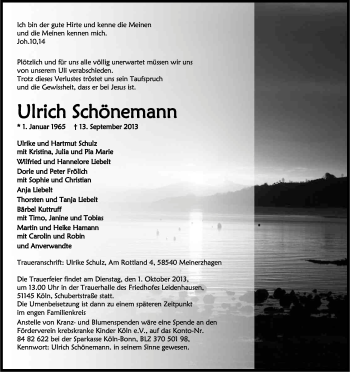 Anzeige von Ulrich Schönemann von Kölner Stadt-Anzeiger / Kölnische Rundschau / Express