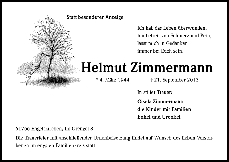  Traueranzeige für Helmut Zimmermann vom 25.09.2013 aus Kölner Stadt-Anzeiger / Kölnische Rundschau / Express