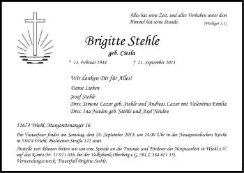 Anzeige von Brigitte Stehle von Kölner Stadt-Anzeiger / Kölnische Rundschau / Express