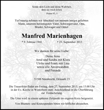 Anzeige von Manfred Marienhagen von Kölner Stadt-Anzeiger / Kölnische Rundschau / Express