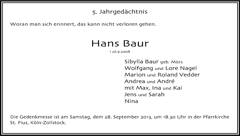  Traueranzeige für Hans Baur vom 28.09.2013 aus Kölner Stadt-Anzeiger / Kölnische Rundschau / Express