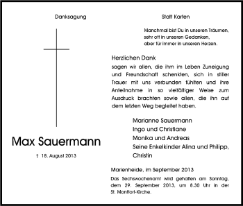 Anzeige von Max Sauermann von Kölner Stadt-Anzeiger / Kölnische Rundschau / Express