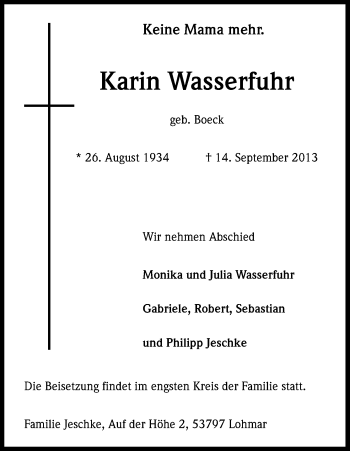 Anzeige von Karin Wasserfurh von Kölner Stadt-Anzeiger / Kölnische Rundschau / Express