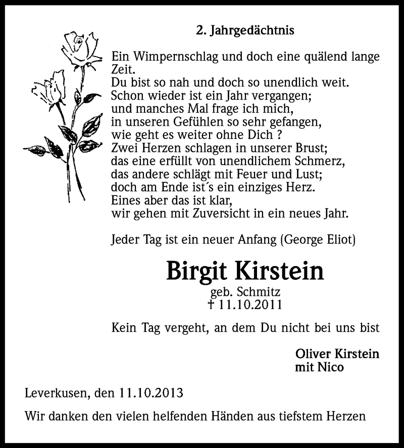 Traueranzeige für Birgit Kirstein vom 11.10.2013 aus Kölner Stadt-Anzeiger / Kölnische Rundschau / Express