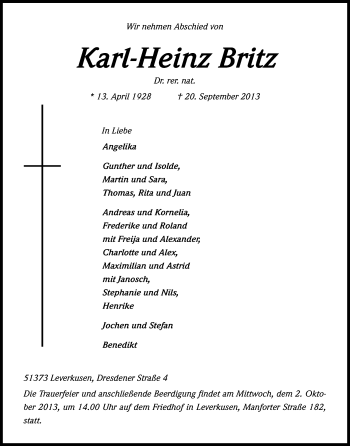 Anzeige von Karl-Heinz Britz von Kölner Stadt-Anzeiger / Kölnische Rundschau / Express