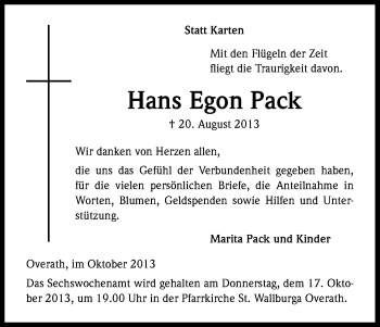 Anzeige von Hans Egon Pack von Kölner Stadt-Anzeiger / Kölnische Rundschau / Express