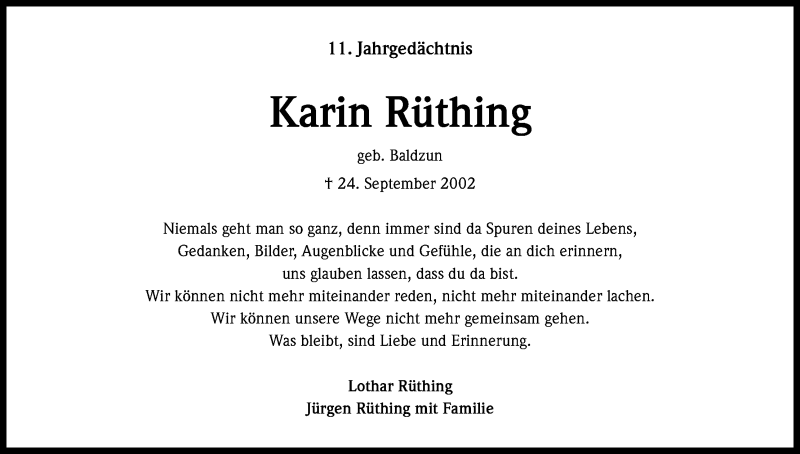  Traueranzeige für Karin Rüthing vom 25.09.2013 aus Kölner Stadt-Anzeiger / Kölnische Rundschau / Express