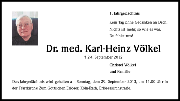 Anzeige von Karl-Heinz Völkel von Kölner Stadt-Anzeiger / Kölnische Rundschau / Express