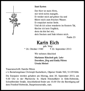 Anzeige von Karin Eich von Kölner Stadt-Anzeiger / Kölnische Rundschau / Express