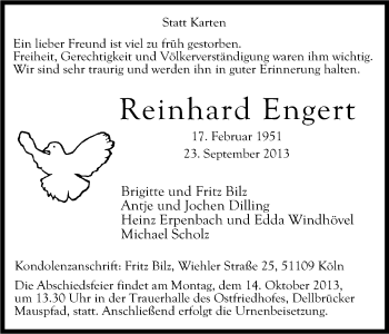 Anzeige von Reinhard Engert von Kölner Stadt-Anzeiger / Kölnische Rundschau / Express