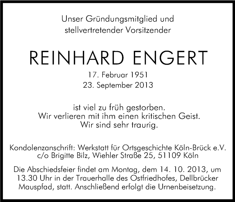  Traueranzeige für Reinhard Engert vom 09.10.2013 aus Kölner Stadt-Anzeiger / Kölnische Rundschau / Express