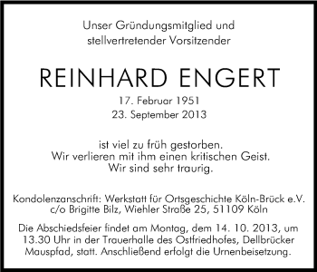 Anzeige von Reinhard Engert von Kölner Stadt-Anzeiger / Kölnische Rundschau / Express