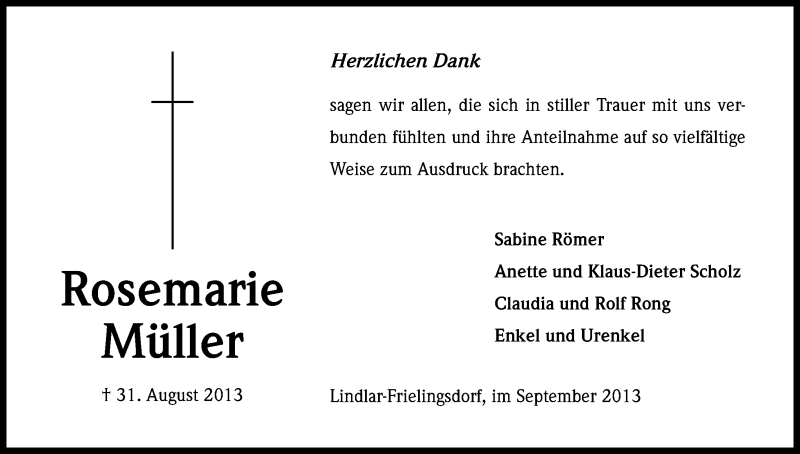  Traueranzeige für Rosemarie Müller vom 28.09.2013 aus Kölner Stadt-Anzeiger / Kölnische Rundschau / Express
