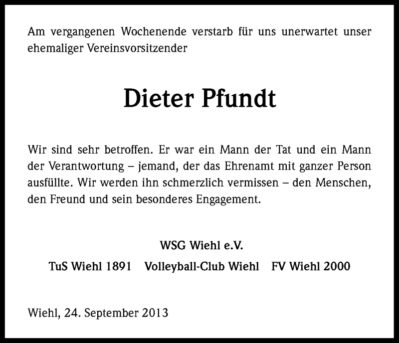  Traueranzeige für Dieter Pfundt vom 26.09.2013 aus Kölner Stadt-Anzeiger / Kölnische Rundschau / Express