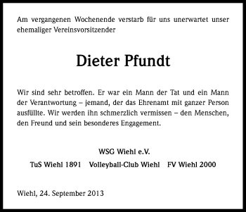 Anzeige von Dieter Pfundt von Kölner Stadt-Anzeiger / Kölnische Rundschau / Express