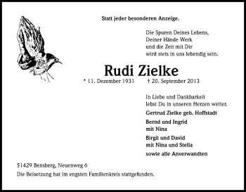 Anzeige von Rudi Zielke von Kölner Stadt-Anzeiger / Kölnische Rundschau / Express