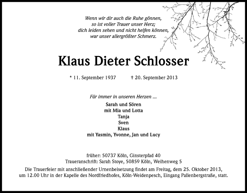  Traueranzeige für Klaus Dieter Schlosser vom 28.09.2013 aus Kölner Stadt-Anzeiger / Kölnische Rundschau / Express