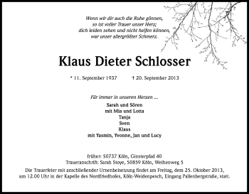Anzeige von Klaus Dieter Schlosser von Kölner Stadt-Anzeiger / Kölnische Rundschau / Express