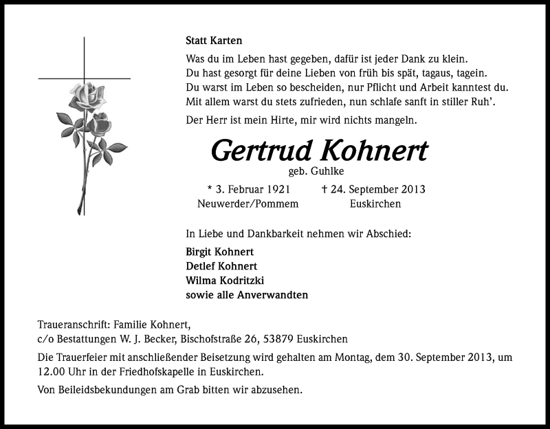  Traueranzeige für Gertrud Kohnert vom 26.09.2013 aus Kölner Stadt-Anzeiger / Kölnische Rundschau / Express