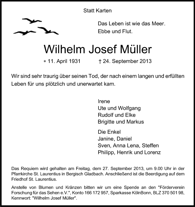  Traueranzeige für Wilhelm Josef Müller vom 26.09.2013 aus Kölner Stadt-Anzeiger / Kölnische Rundschau / Express
