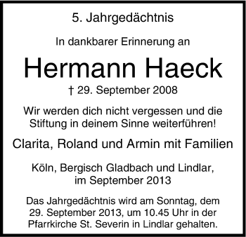 Anzeige von Hermann Haeck von Kölner Stadt-Anzeiger / Kölnische Rundschau / Express