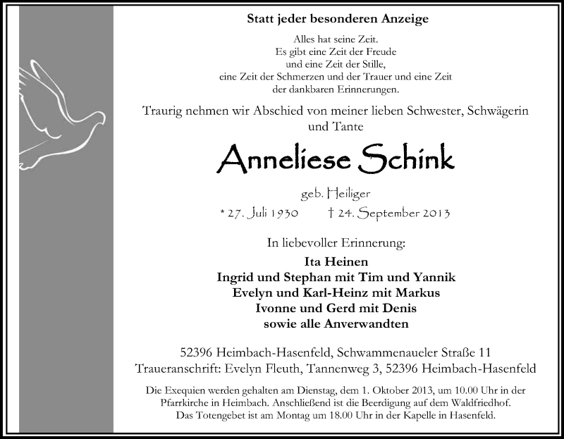  Traueranzeige für Anneliese Schink vom 26.09.2013 aus Kölner Stadt-Anzeiger / Kölnische Rundschau / Express