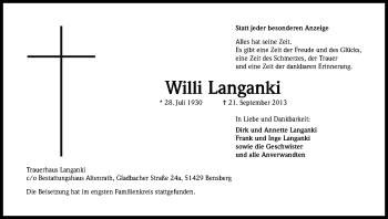 Anzeige von Willi Langanki von Kölner Stadt-Anzeiger / Kölnische Rundschau / Express