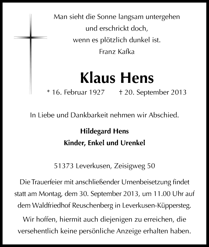  Traueranzeige für Klaus Hens vom 26.09.2013 aus Kölner Stadt-Anzeiger / Kölnische Rundschau / Express
