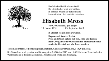 Anzeige von Elisabeth Mross von Kölner Stadt-Anzeiger / Kölnische Rundschau / Express