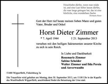 Anzeige von Horst Dieter Zimmer von Köln - Wir Trauern