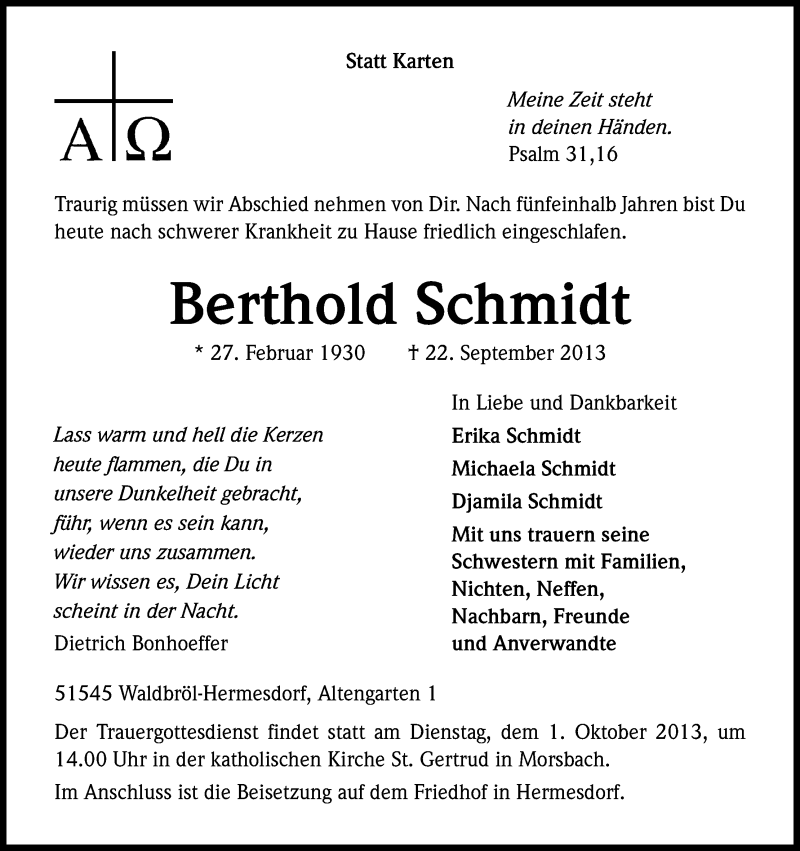  Traueranzeige für Berthold Schmidt vom 26.09.2013 aus Kölner Stadt-Anzeiger / Kölnische Rundschau / Express