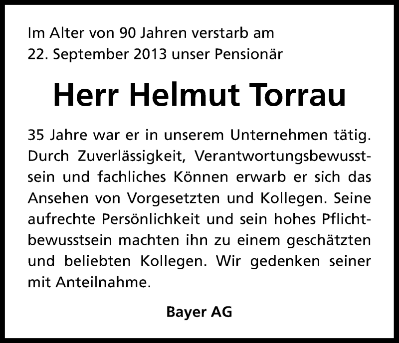  Traueranzeige für Helmut Torrau vom 26.09.2013 aus Kölner Stadt-Anzeiger / Kölnische Rundschau / Express