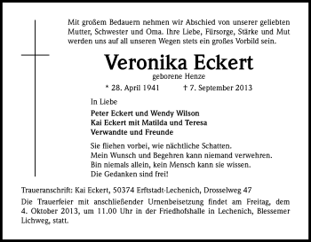 Anzeige von Veronika Eckert von Kölner Stadt-Anzeiger / Kölnische Rundschau / Express