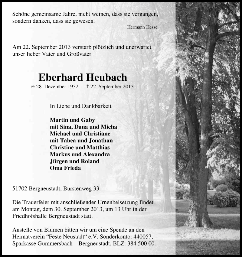  Traueranzeige für Eberhard Heubach vom 26.09.2013 aus Kölner Stadt-Anzeiger / Kölnische Rundschau / Express