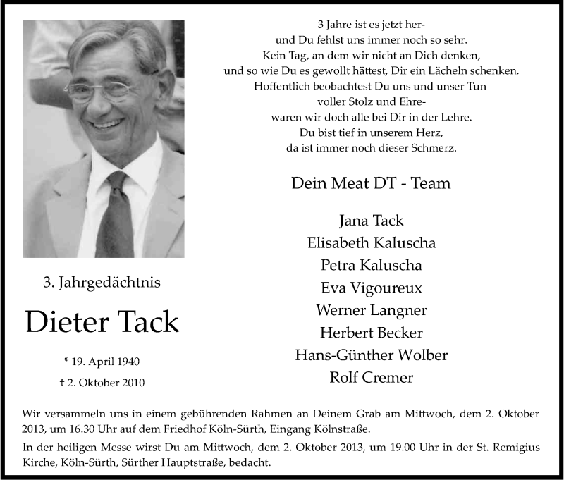  Traueranzeige für Dieter Tack vom 28.09.2013 aus Kölner Stadt-Anzeiger / Kölnische Rundschau / Express