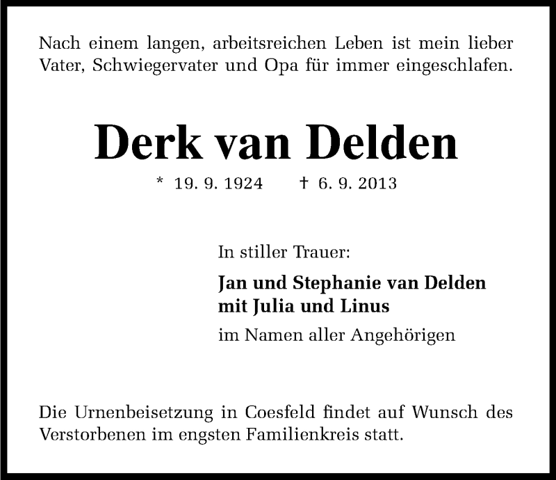  Traueranzeige für Derk van Delden vom 28.09.2013 aus Kölner Stadt-Anzeiger / Kölnische Rundschau / Express