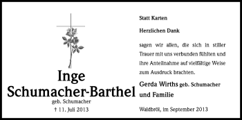 Anzeige von Inge Schumacher-Barthel von Kölner Stadt-Anzeiger / Kölnische Rundschau / Express